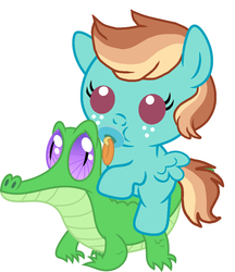 Size: 836x967 | Tagged: safe, artist:red4567, gummy, oc, oc:sonic swirl, pony, g4, baby, baby pony, cute, duo, northash, ocbetes, offspring, pacifier, parent:oc:northern haste, parent:rainbow dash, parents:canon x oc, parents:northash, ponies riding gators, riding, sonic swirl riding gummy