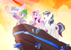 Size: 1200x850 | Tagged: safe, artist:pixelkitties, princess cadance, princess flurry heart, shining armor, spike, alicorn, dragon, pony, unicorn, g4, the crystalling, crystal, female, filly, foal, male, mare, parody, pride rock, scene parody, spread wings, stallion, that was fast, the lion king, wings