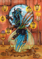 Size: 706x1000 | Tagged: safe, artist:php174, queen chrysalis, changeling, changeling queen, g4, candle, female, lamp, lantern, solo, steampunk, traditional art