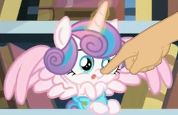 Size: 851x551 | Tagged: safe, edit, edited screencap, screencap, princess flurry heart, g4, the crystalling, :p, baby, bookshelf, boop, boop edit, cloth diaper, cute, diaper, finger, flurrybetes, hand, library, noseboop, safety pin, spread wings, tongue out