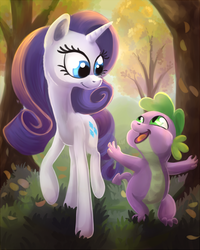 Size: 700x875 | Tagged: safe, artist:bugiling, rarity, spike, g4, autumn, female, forest, male, ship:sparity, shipping, straight