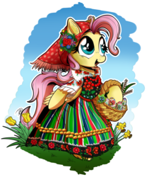 Size: 1280x1538 | Tagged: safe, artist:gray--day, fluttershy, pony, g4, bipedal, clothes, daffodil, dress, easter, easter egg, female, folk costume, poland, solo, traditional dress, tulip, łowicz