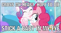 Size: 1000x556 | Tagged: safe, screencap, pinkie pie, princess flurry heart, g4, the crystalling, cute, flurrybetes, image macro, meme, princess facehugger