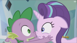 Size: 1960x1100 | Tagged: safe, screencap, spike, starlight glimmer, g4, the crystalling, discovery family logo, imminent kissing, out of context, scrunchy face