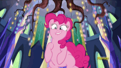 Size: 500x281 | Tagged: safe, screencap, pinkie pie, g4, season 6, the crystalling, animated, confetti, discovery family, discovery family logo, female, smiling, solo