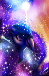 Size: 1024x1589 | Tagged: dead source, safe, artist:moonstone360, princess luna, alicorn, pony, g4, color porn, female, floppy ears, fluffy, glowing horn, horn, magic, solo, sparkles