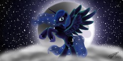 Size: 1366x685 | Tagged: safe, artist:moonstone360, princess luna, g4, female, moon, rearing, solo, spread wings
