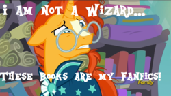 Size: 1280x720 | Tagged: safe, edit, edited screencap, screencap, sunburst, pony, unicorn, g4, the crystalling, discovery family logo, fanfic, glasses, male, solo, stallion, text