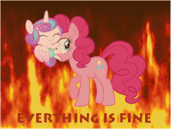 Size: 480x360 | Tagged: safe, pinkie pie, princess flurry heart, g4, the crystalling, animated, everything is fine, female, fire, misspelling, solo