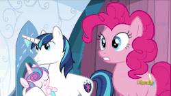 Size: 500x281 | Tagged: safe, screencap, pinkie pie, princess cadance, princess flurry heart, shining armor, g4, the crystalling, animated, discovery family, discovery family logo, magic, princess facehugger, teleportation