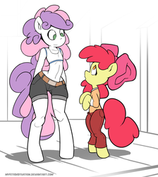 Size: 1229x1369 | Tagged: safe, artist:myfetishsituation, apple bloom, sweetie belle, anthro, unguligrade anthro, g4, arm hooves, belly button, clothes, midriff, sports bra