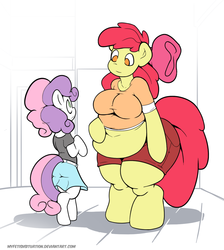 Size: 1229x1369 | Tagged: safe, artist:myfetishsituation, apple bloom, sweetie belle, earth pony, unicorn, anthro, unguligrade anthro, g4, apple blob, arm hooves, belly button, belt, bow, breasts, busty apple bloom, clothes, fat, female, hair bow, large butt, shorts, size difference, skirt