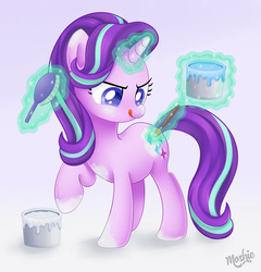 Size: 2397x2502 | Tagged: safe, artist:imoshie, rarity, starlight glimmer, pony, unicorn, g4, brush, cute, disguise, female, glimmerbetes, glowing horn, hairbrush, high res, horn, magic, mare, paint, paint on fur, rarity's cutie mark, solo, telekinesis, tongue out