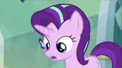 Size: 500x281 | Tagged: safe, screencap, spike, starlight glimmer, g4, the crystalling, animated, discovery family, discovery family logo, scrunchy face, subtitles