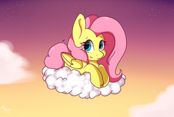 Size: 1277x865 | Tagged: safe, artist:ohhoneybee, fluttershy, pegasus, pony, g4, cloud, female, folded wings, looking at you, mare, on a cloud, prone, sky, smiling, solo, three quarter view, twilight (astronomy), wings