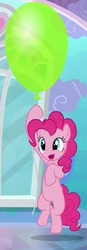 Size: 352x1017 | Tagged: safe, screencap, pinkie pie, earth pony, pony, g4, the crystalling, balloon, cartoon physics, female, floating, happy, mare, open mouth, open smile, smiling, solo, that pony sure does love balloons, then watch her balloons lift her up to the sky