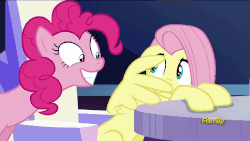 Size: 1920x1080 | Tagged: safe, screencap, fluttershy, pinkie pie, earth pony, pegasus, pony, g4, the crystalling, animated, cowering, discovery family logo, duo, female, grin, loop, mare, smiling, vibrating