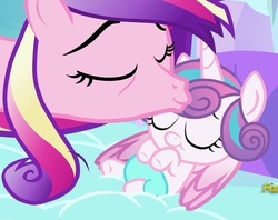 Size: 1339x1061 | Tagged: safe, screencap, princess cadance, princess flurry heart, alicorn, pony, g4, the crystalling, baby, bags under eyes, diaper, discovery family logo, eyes closed, forehead kiss, kissing, mama cadence, mother and daughter, platonic kiss, sleeping