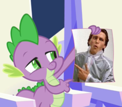 Size: 559x490 | Tagged: safe, edit, edited screencap, screencap, spike, g4, the crystalling, dubs, dubs in image number, index get, male, meme, meta, patrick bateman, solo, spike holding a paper