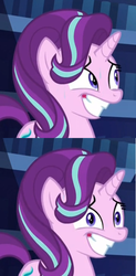 Size: 377x768 | Tagged: safe, screencap, starlight glimmer, g4, the crystalling, 2 panel comic, comic, female, grin, nervous, reaction image, shit eating grin, smiling, solo, squee, wide eyes
