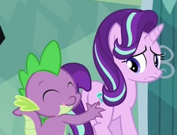 Size: 925x703 | Tagged: safe, screencap, spike, starlight glimmer, pony, g4, the crystalling, butt, butt touch, eyes closed, female, hand on butt, mare, out of context, plot, pushing, rump push, tongue out