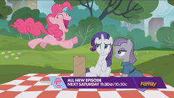 Size: 1920x1080 | Tagged: safe, screencap, maud pie, pinkie pie, rarity, earth pony, pony, unicorn, g4, the gift of the maud pie, confetti, corral park, discovery family logo, female, jumping, manehattan, mare, maud being maud, park, picnic blanket, pinkie being pinkie, raised hoof, trio