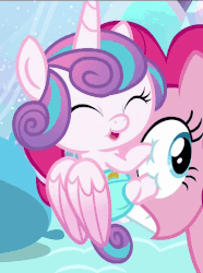 Size: 757x1020 | Tagged: safe, screencap, pinkie pie, princess flurry heart, pony, g4, the crystalling, animated, baby, cloth diaper, diaper, duo, eye poke, eye scream, eyes closed, facehug, female, grin, humping, loop, open mouth, out of context, princess facehugger, safety pin, smiling, solo focus, squee, wide eyes