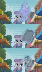 Size: 1920x3240 | Tagged: safe, screencap, jumpy the shark, maud pie, smarty pants, earth pony, pony, shark, unicorn, g4, inspiration manifestation, the gift of the maud pie, book, female, frown, implied rarity, inspiration manifestation book, levitation, lidded eyes, looking at you, magic, mare, plushie, shark plushie, solo, telekinesis