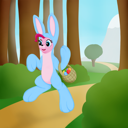 Size: 1000x1000 | Tagged: safe, artist:redquoz, pinkie pie, pony, g4, bipedal, bunny costume, clothes, costume, easter, easter bunny, easter egg, female, forest, holiday, skipping, solo, spring