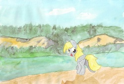 Size: 1024x698 | Tagged: safe, artist:pzkratzer, derpy hooves, pegasus, pony, g4, female, mare, open mouth, river, sand, solo, traditional art, watercolor painting
