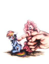Size: 856x1108 | Tagged: safe, artist:buttersprinkle, pinkie pie, rainbow dash, earth pony, human, pegasus, pony, g4, biting, crossed hooves, cute, floppy ears, grumpy, hand, in goliath's palm, micro, scrunchy face, size difference, tiny, tiny ponies, traditional art, tsunderainbow, tsundere