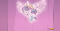 Size: 1090x566 | Tagged: safe, screencap, princess flurry heart, crystal pony, pony, g4, the crystalling, baby, baby pony, cloth diaper, cooing, crystallized, cute, diaper, discovery family logo, filly, flurrybetes, flying, foal, happy, open mouth, safety pin, smiling