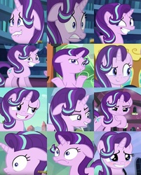 Size: 438x544 | Tagged: safe, edit, screencap, starlight glimmer, pony, unicorn, the crystalling, blushing, collage, crystal empire, cute, cutie mark, discovery family, discovery family logo, faic, female, floppy ears, glimmerbetes, grin, hair flip, horn, lip bite, mare, nervous, smiling, the many faces of starlight glimmer, train, twilight's castle, watermark