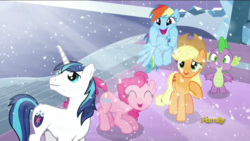 Size: 1920x1080 | Tagged: safe, screencap, applejack, pinkie pie, rainbow dash, shining armor, spike, g4, the crystalling, awesome face, cute, discovery family, discovery family logo