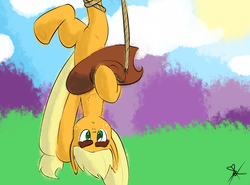 Size: 2048x1516 | Tagged: safe, artist:marvelousqueen, applejack, g4, female, hanging, solo, tied up