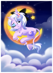 Size: 1600x2193 | Tagged: safe, artist:spookyle, oc, oc only, oc:moondust, classical unicorn, pony, unicorn, bedroom eyes, bow, hair bow, horn, leonine tail, moon, solo, tangible heavenly object