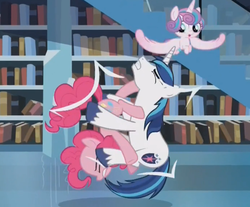 Size: 461x382 | Tagged: safe, screencap, pinkie pie, princess flurry heart, shining armor, g4, the crystalling, 69 position, book, boom, discovery family logo, misleading thumbnail, not what it looks like, out of context, staircase