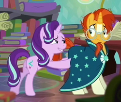 Size: 739x620 | Tagged: safe, screencap, starlight glimmer, sunburst, pony, unicorn, g4, the crystalling, alternative cutie mark placement, animation error, blaze (coat marking), butt, butt touch, cloak, clothes, clueless, coat markings, discovery family logo, duo, eye contact, facial markings, female, frown, glasses, grin, hoof on butt, inner thigh cutie mark, lidded eyes, looking back, male, mare, out of context, plot, pushing, rump push, smiling, socks (coat markings), stallion, sunburst's cloak, sunburst's glasses, wide eyes