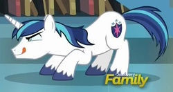 Size: 701x374 | Tagged: safe, screencap, shining armor, pony, unicorn, g4, the crystalling, crouching, cute, discovery family logo, eyes on the prize, male, shining adorable, solo, stallion, tongue out