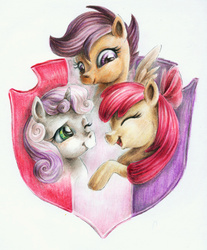 Size: 1748x2113 | Tagged: safe, artist:sinsofjoy, apple bloom, scootaloo, sweetie belle, g4, cutie mark crusaders, open mouth, portrait, traditional art, trio