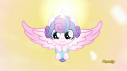Size: 1090x607 | Tagged: safe, screencap, princess flurry heart, alicorn, crystal pony, pony, g4, the crystalling, :i, adorable face, baby, baby pony, cute, daaaaaaaaaaaw, diaper, discovery family logo, female, filly, flurrybetes, foal, happy, magic, puffy cheeks, smiling, solo, spread wings