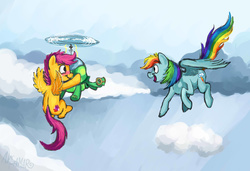 Size: 2957x2023 | Tagged: safe, artist:aksamar, rainbow dash, scootaloo, tank, g4, cloud, cutie mark, flying, high res, the cmc's cutie marks