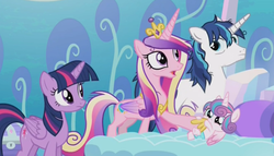 Size: 1072x614 | Tagged: safe, screencap, princess cadance, princess flurry heart, shining armor, twilight sparkle, alicorn, pony, g4, the crystalling, cute, female, flurrybetes, frown, hoof sucking, mare, messy mane, open mouth, twilight sparkle (alicorn), wide eyes