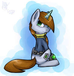 Size: 800x816 | Tagged: safe, artist:suplolnope, oc, oc only, oc:littlepip, pony, unicorn, fallout equestria, clothes, fanfic, fanfic art, female, jumpsuit, looking at you, looking back, mare, pipboy, pipbuck, simple background, sitting, smiling, solo, vault suit