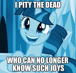 Size: 500x480 | Tagged: safe, edit, edited screencap, screencap, twilight sparkle, alicorn, pony, g4, the crystalling, auntie twilight, blue, cute, female, good end, happy, i pity the dead who can no longer know such joys, image macro, mare, meme, only the dead can know peace from this evil, reaction image, sad, solo, subversion, subverted meme, twiabetes, twilight sparkle (alicorn)