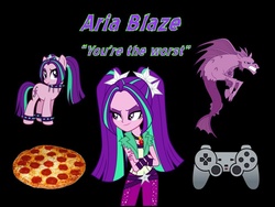 Size: 960x720 | Tagged: safe, aria blaze, siren, equestria girls, g4, my little pony equestria girls: rainbow rocks, controller, food, pizza, ponified