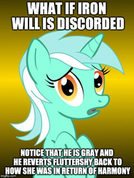 Size: 450x600 | Tagged: safe, fluttershy, iron will, lyra heartstrings, g4, conspiracy lyra, exploitable meme, meme