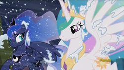 Size: 1920x1080 | Tagged: safe, screencap, princess celestia, princess luna, alicorn, pony, g4, my little pony: friendship is magic, the crystalling, confident, discovery family logo, female, mare, smiling, snow, snowfall, worried