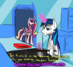 Size: 800x728 | Tagged: safe, artist:xxmarkingxx, princess cadance, shining armor, g4, chocolate pudding, kitchen, lost control of my life, making chocolate pudding, rugrats