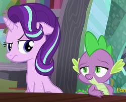 Size: 1254x1011 | Tagged: safe, screencap, spike, starlight glimmer, g4, the crystalling, annoyed, discovery family logo